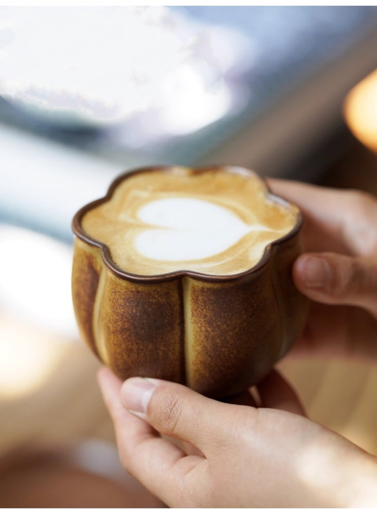 Vintage Flower Rough Pottery Coffee Cup, Ceramic Mug, Creative Tea Cup Coffee Color+Acacia Wood Coaster+Beech Wood Spoon - Image 2